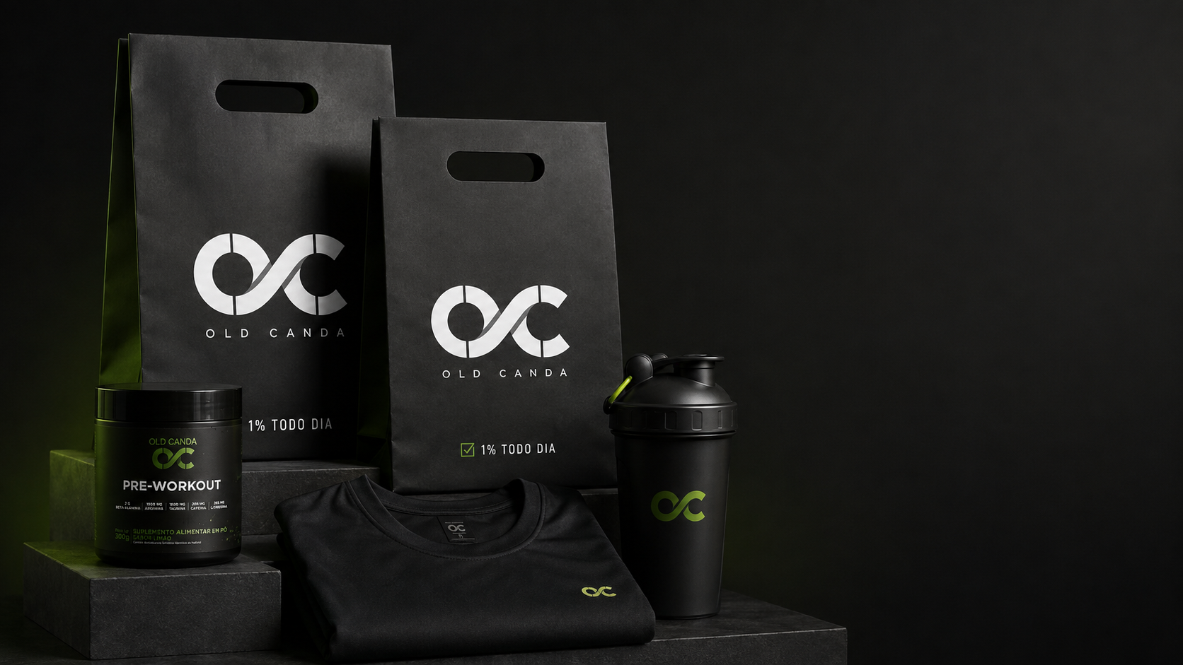Kit Old Canda: sacola, pré-treino, camiseta e coqueteleira